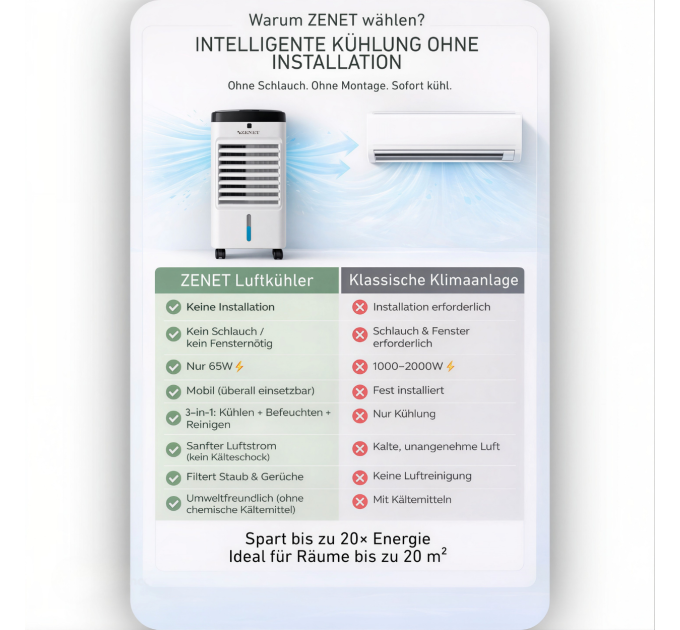 Climatiseur Mobile Zenet ZET-483 – 3 en 1 : Rafraîchisseur d'air, Humidificateur et Purificateur d'air, Sans évacuation