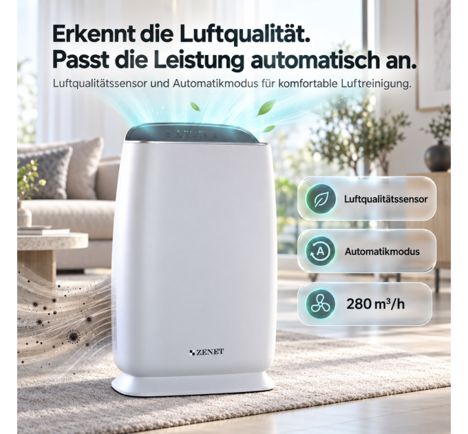 ZENET ZET-202 Luftreiniger mit HEPA H13, Aktivkohle, Ionisation, Luftqualitätssensor und Automatikmodus für bis zu 60 m²
