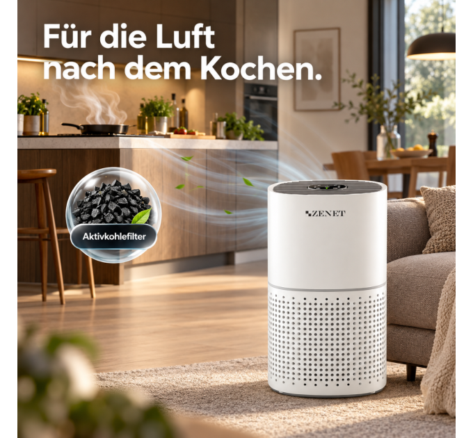 ZENET ZET-201 Luftreiniger mit HEPA-Filter, Aktivkohle, Ionisator, 240 m³/h und Schlafmodus für bis zu 50 m²