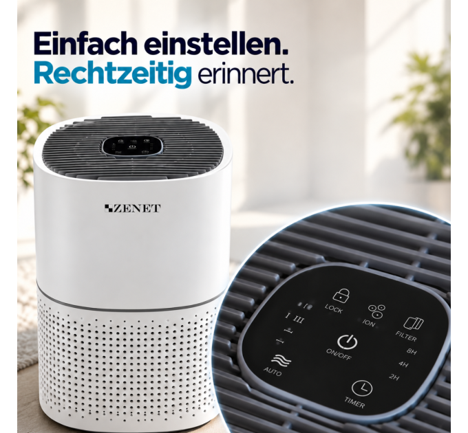 ZENET ZET-201 Luftreiniger mit HEPA-Filter, Aktivkohle, Ionisator, 240 m³/h und Schlafmodus für bis zu 50 m²