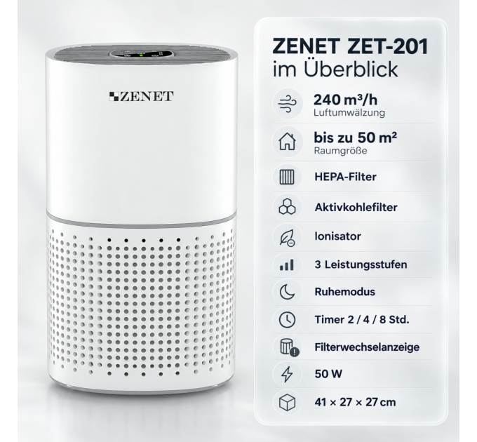 ZENET ZET-201 Luftreiniger mit HEPA-Filter, Aktivkohle, Ionisator, 240 m³/h und Schlafmodus für bis zu 50 m²