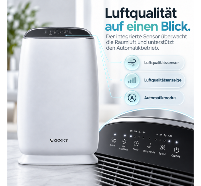 ZENET ZET-202 Luftreiniger mit HEPA H13, Aktivkohle, Ionisation, Luftqualitätssensor und Automatikmodus für bis zu 60 m²