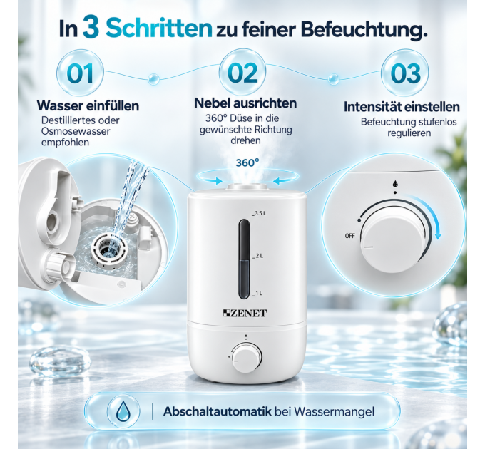 Humidificateur à ultrasons ZENET ZET-414 avec sortie de vapeur rotative à 360°