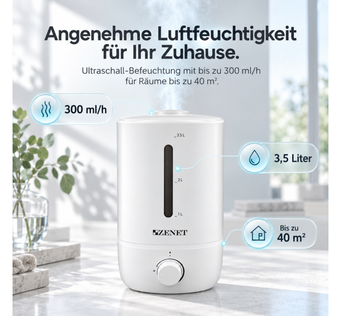 Humidificateur à ultrasons ZENET ZET-414 avec sortie de vapeur rotative à 360°