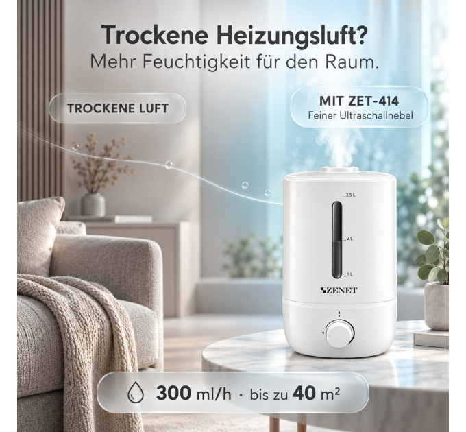 Humidificateur à ultrasons ZENET ZET-414 avec sortie de vapeur rotative à 360°