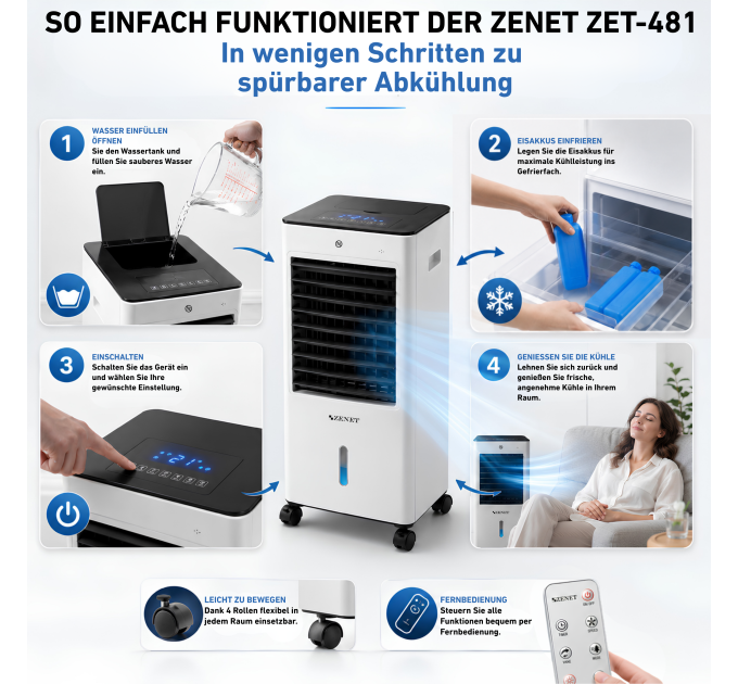 ZENET ZET-481 Luftkühler & Heizgerät – Mobile 4-in-1 Klimaanlage ohne Abluftschlauch