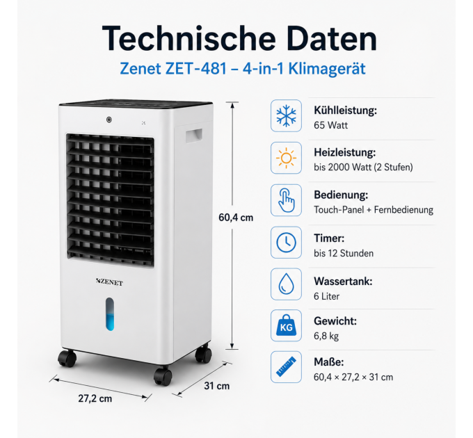 ZENET ZET-481 Luftkühler & Heizgerät – Mobile 4-in-1 Klimaanlage ohne Abluftschlauch