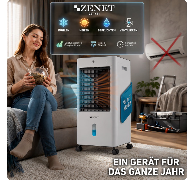 ZENET ZET-481 Luftkühler & Heizgerät – Mobile 4-in-1 Klimaanlage ohne Abluftschlauch