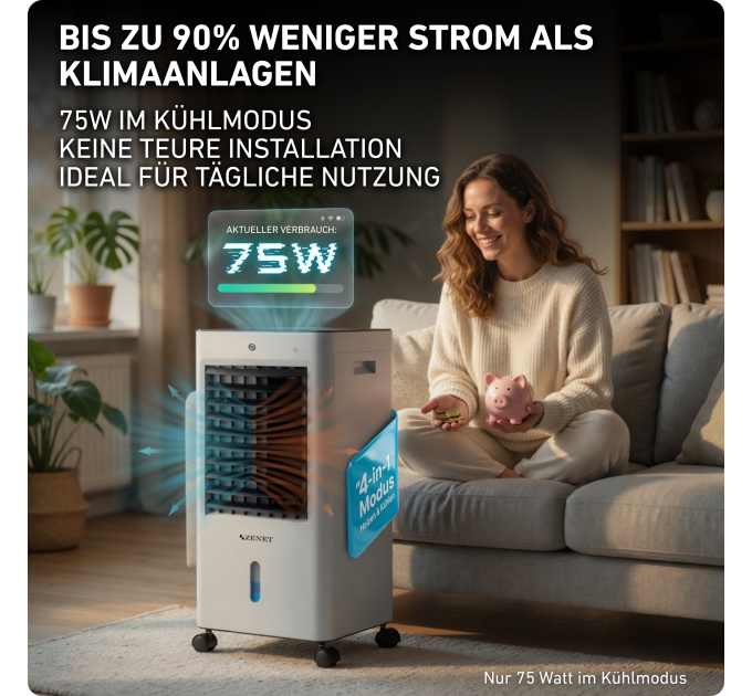 ZENET ZET-481 Luftkühler & Heizgerät – Mobile 4-in-1 Klimaanlage ohne Abluftschlauch