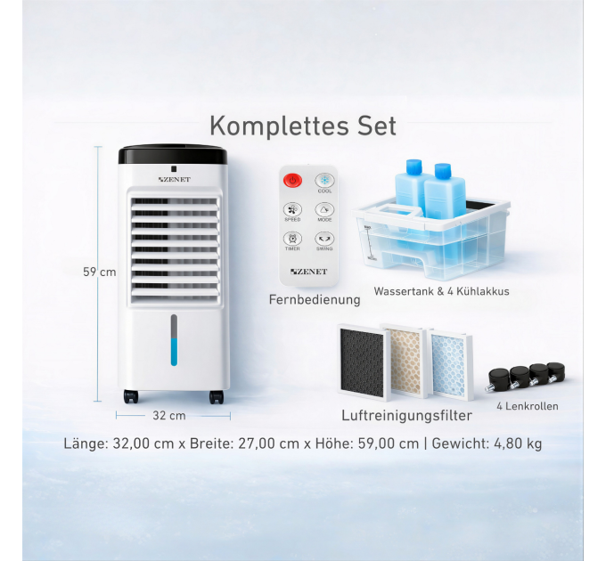 Climatiseur Mobile Zenet ZET-483 – 3 en 1 : Rafraîchisseur d'air, Humidificateur et Purificateur d'air, Sans évacuation