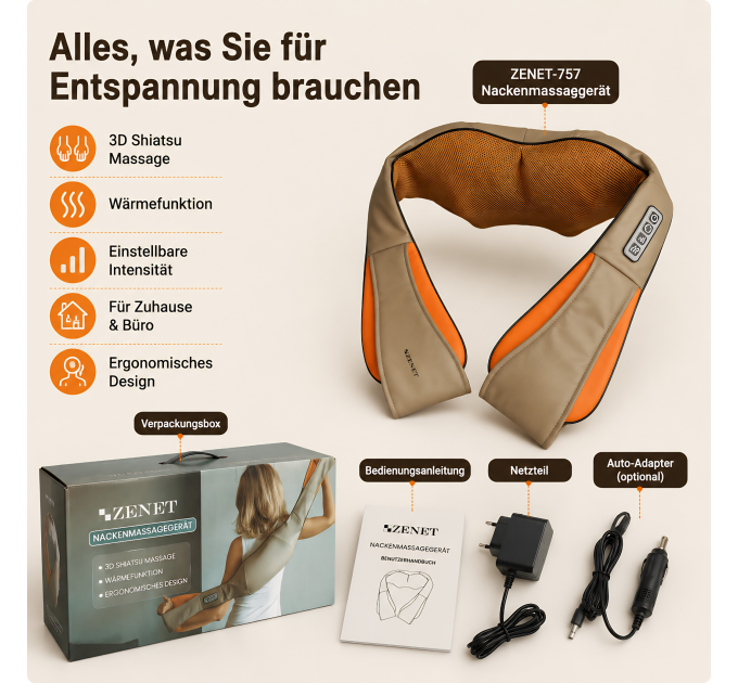 ZENET ZET-757 Shiatsu Nackenmassagegerät mit Infrarot Wärme und 3D Massagerollen Beige