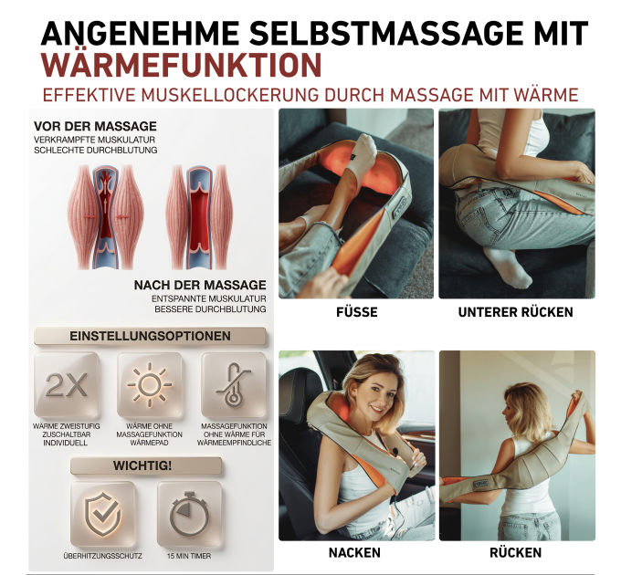ZENET ZET-757 Shiatsu Nackenmassagegerät mit Infrarot Wärme und 3D Massagerollen Beige