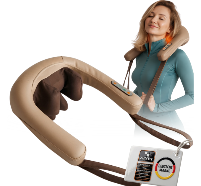 ZENET ZET-759 Shiatsu-Nackenmassagegerät mit Wärme, 6 flexiblen Silikonköpfen, 5D-Rotation und 15-Minuten-Timer