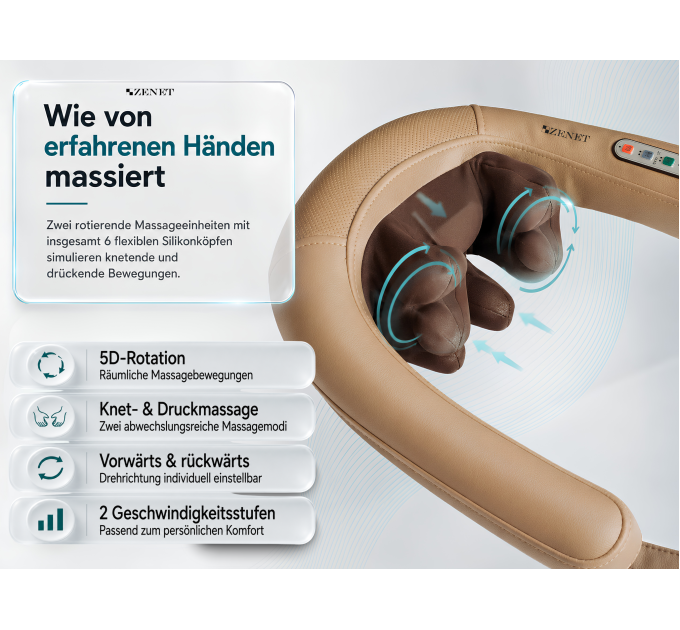 ZENET ZET-759 Shiatsu-Nackenmassagegerät mit Wärme, 6 flexiblen Silikonköpfen, 5D-Rotation und 15-Minuten-Timer