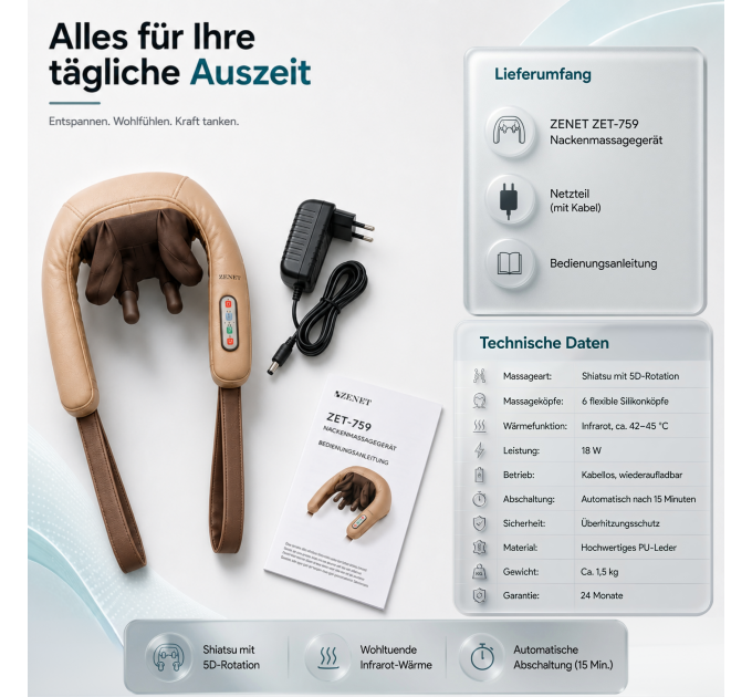 ZENET ZET-759 Shiatsu-Nackenmassagegerät mit Wärme, 6 flexiblen Silikonköpfen, 5D-Rotation und 15-Minuten-Timer