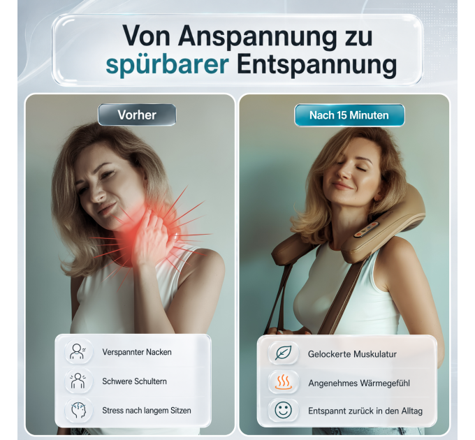 ZENET ZET-759 Shiatsu-Nackenmassagegerät mit Wärme, 6 flexiblen Silikonköpfen, 5D-Rotation und 15-Minuten-Timer