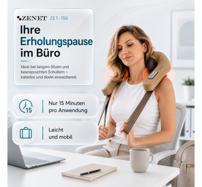 ZENET ZET-759 Shiatsu-Nackenmassagegerät mit Wärme, 6 flexiblen Silikonköpfen, 5D-Rotation und 15-Minuten-Timer
