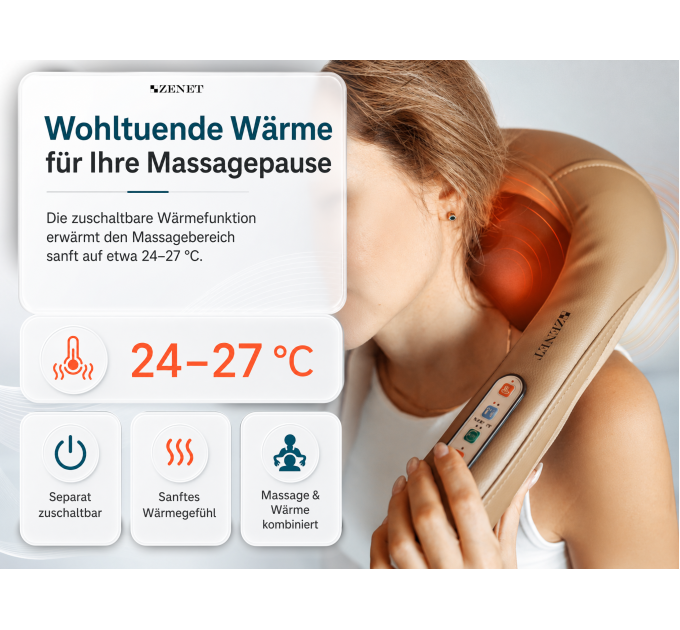 ZENET ZET-759 Shiatsu-Nackenmassagegerät mit Wärme, 6 flexiblen Silikonköpfen, 5D-Rotation und 15-Minuten-Timer