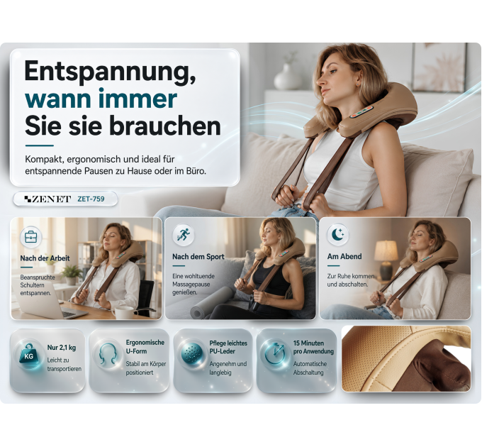 ZENET ZET-759 Shiatsu-Nackenmassagegerät mit Wärme, 6 flexiblen Silikonköpfen, 5D-Rotation und 15-Minuten-Timer