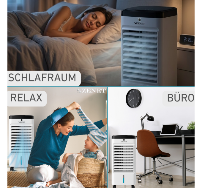 Climatiseur Mobile Zenet ZET-483 – 3 en 1 : Rafraîchisseur d'air, Humidificateur et Purificateur d'air, Sans évacuation