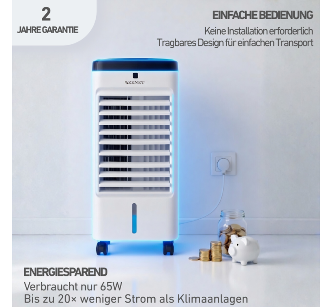 Climatiseur Mobile Zenet ZET-483 – 3 en 1 : Rafraîchisseur d'air, Humidificateur et Purificateur d'air, Sans évacuation