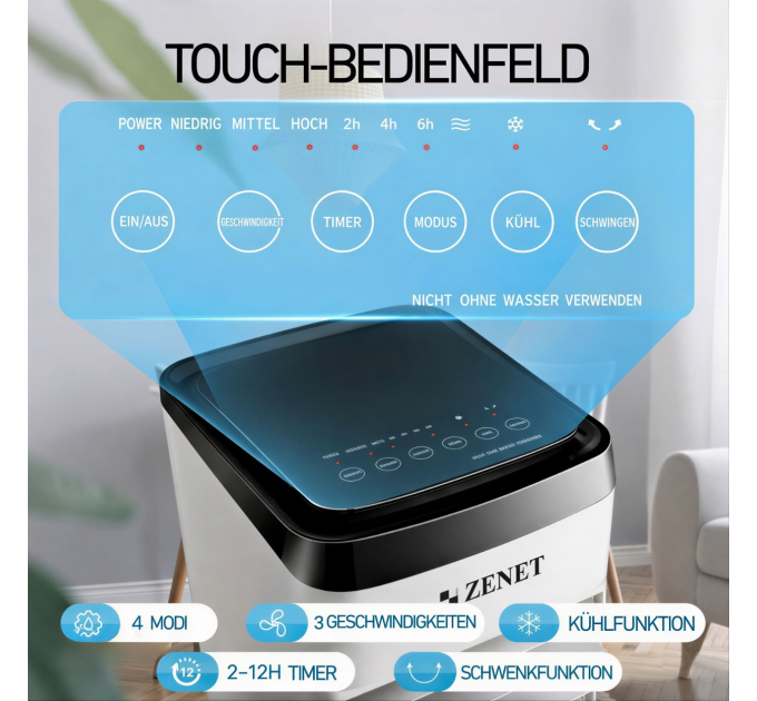 Climatiseur Mobile Zenet ZET-483 – 3 en 1 : Rafraîchisseur d'air, Humidificateur et Purificateur d'air, Sans évacuation