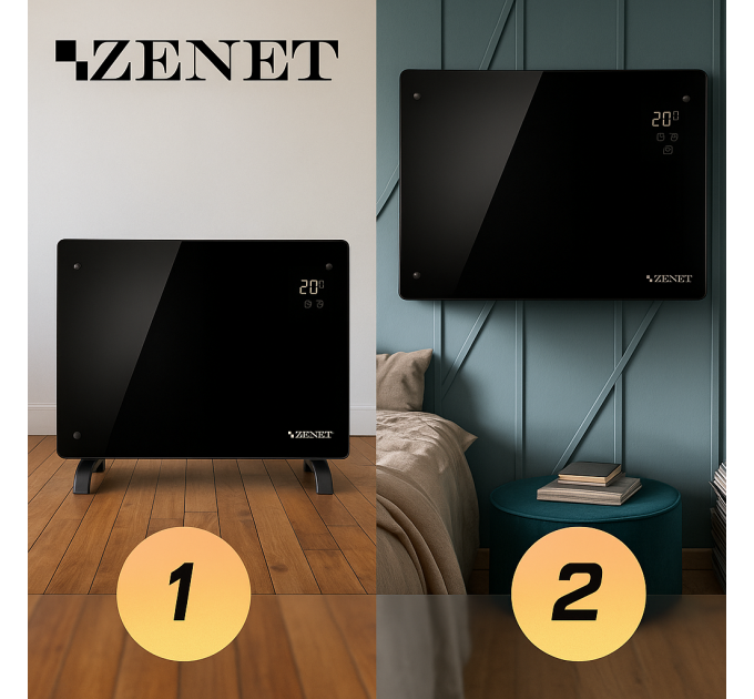 Zenet ZET-523 schwarzer Glas-Konvektor, Heizpaneel, 1000W | Schwarzes Glasheizpaneel mit Fernbedienung