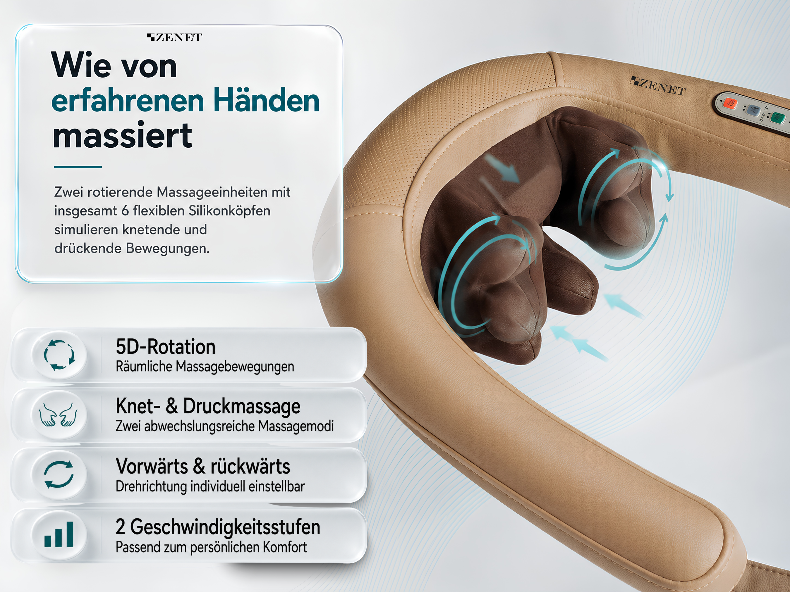Zenet ZET-759 Shiatsu Massage mit 6 Silikon Massageköpfen