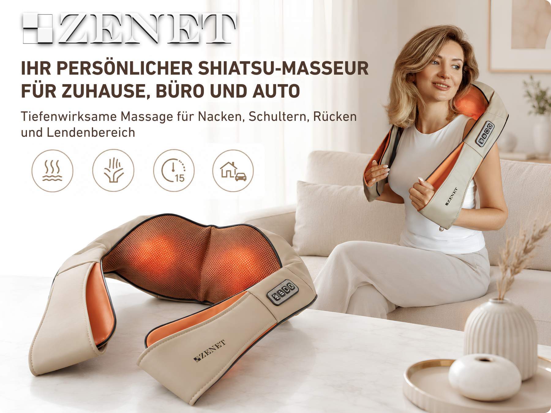 ZENET ZET-757 Shiatsu Nackenmassagegerät mit Infrarot Wärme Beige